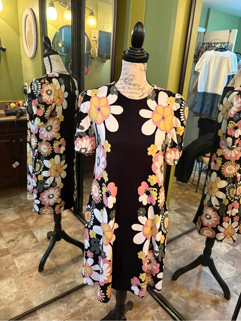 Boden Black Midi Dress with Pink, Yellow & Cream Floral Print